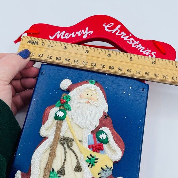 Merry Christmas Wooden Sled Sculpted Resin Santa Claus Hand Panted Sleigh - Picture 5 of 7